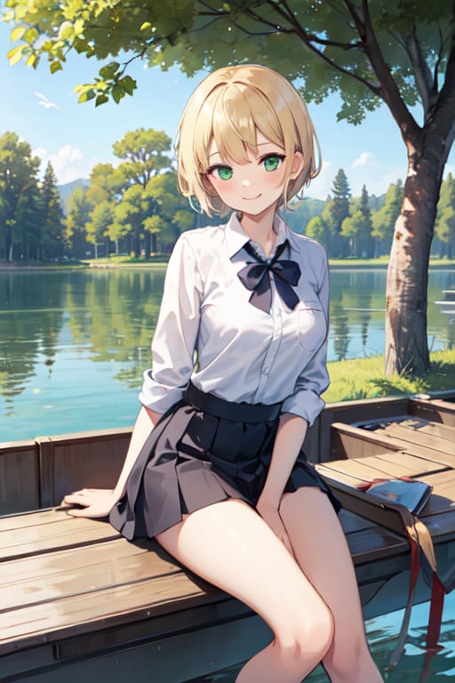 Masterpiece,  high quality,  One girl(sit on chair ),  blonde short hair,  green eyes,  medium breast,  shy smile,  long shirt,  short skirt,  background ( high sun,  big lake, trees, boat on lake)