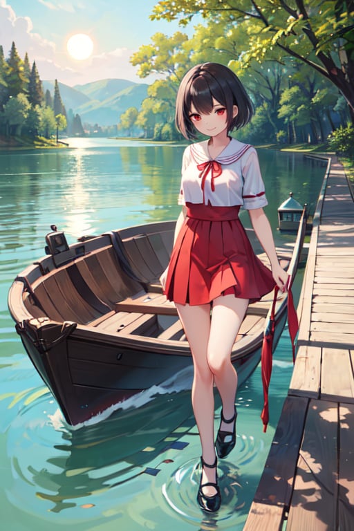 Masterpiece,  high quality,  One girl(swim in lake ),  black short hair,  red eyes,  medium breast,  naughty smile,  long red dress,  short skirt,  black shoes,  background ( high sun,  big lake, trees, boat on lake)