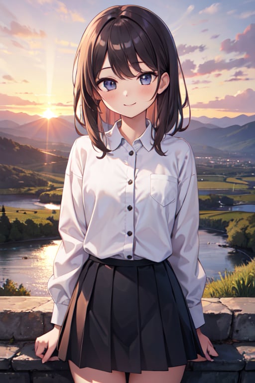 Masterpiece,  high quality,  One girl,  shy smile,  chlotes (skirt,  shirt),  background (sunset,  mountain)