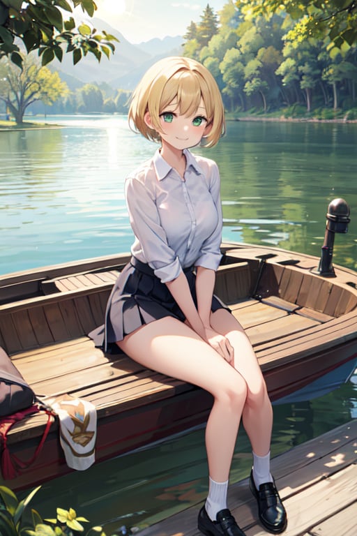 Masterpiece,  high quality,  One girl(sit on chair ),  blonde short hair,  green eyes,  medium breast,  shy smile,  long shirt,  short skirt, black shoes background ( high sun,  big lake, trees, boat on lake)