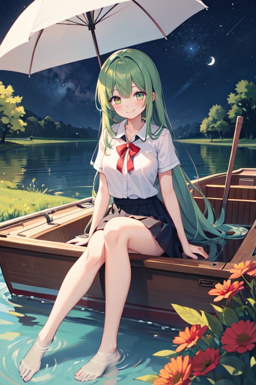 Masterpiece,  high quality,  One girl(legs inside lake),  green long hair,  gold eyes,  medium breast,  shy smile,  shirt (red ),  skirt( black), umbrella,  flowers ornaments,  background ( night sky,  big lake, trees, boat on lake)