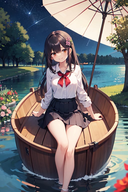 Masterpiece,  high quality,  One girl(legs inside boat),  long hair,  gold eyes,  medium breast,  lovely smile,  shirt (red ),  skirt( black), umbrella,  flowers ornaments,  background ( night sky,  big lake, trees, boat on lake)