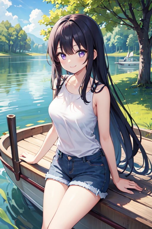 Masterpiece,  high quality,  One girl(inside lake),  black long hair,  purple eyes,  medium breast,  happy smile,  short dress,  jeans shorts,  background ( high sun,  big lake, trees, boat on lake)