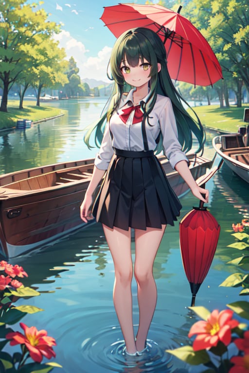 Masterpiece,  high quality,  One girl(legs inside lake),  green long hair,  gold eyes,  medium breast,  shy smile,  shirt (red ),  skirt( black), umbrella,  flowers ornaments,  background ( night,  big lake, trees, boat on lake)