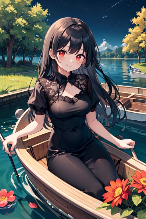 Masterpiece,  high quality,  One girl(inside boat),  long black hair,  red eyes,  medium breast,  happy  smile,  long elegant dress(red ),  flowers ornaments (hair),  background ( black night sky,  big lake, trees, boat on lake)