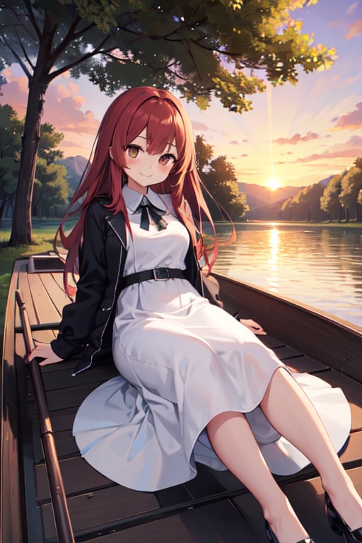 Masterpiece,  high quality,  One girl(laying down ),  red long hair,  brown eyes,  medium breast,  shy smile,  long dress (white), jacket black,  elegant shoes,  background ( sunset,  big lake, trees, boat on lake)