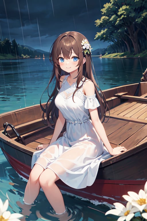 Masterpiece,  high quality,  One girl(sit down),  long brown hair,  blue eyes,  medium breast,  happy  smile,  long elegant dress(white),  flowers ornaments (hair),  background ( black night sky,  big lake, trees, boat on lake,  rain)