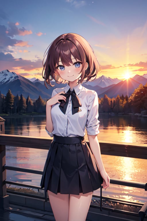 Masterpiece,  high quality,  One girl,  shy smile,  chlotes (skirt,  shirt),  background (sunset,  mountain)