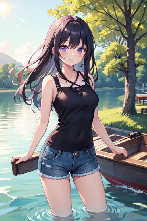 Masterpiece,  high quality,  One girl(inside lake),  black long hair,  purple eyes,  medium breast,  happy smile,  short dress,  jeans shorts,  background ( high sun,  big lake, trees, boat on lake)