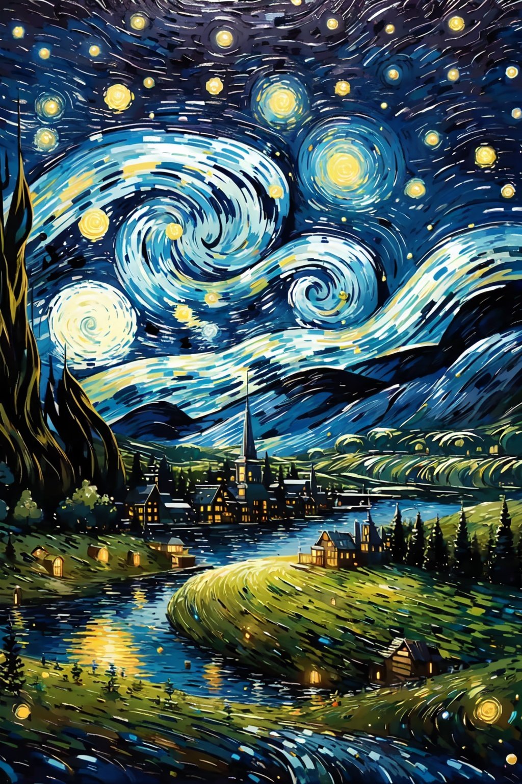 (best quality,masterpiece,fine detailed,),<lora:fangao:0.9>,sky,Beautiful starry sky,bright moon,green mountains and rivers in the distance,, (best quality, high quality, masterpiece,),