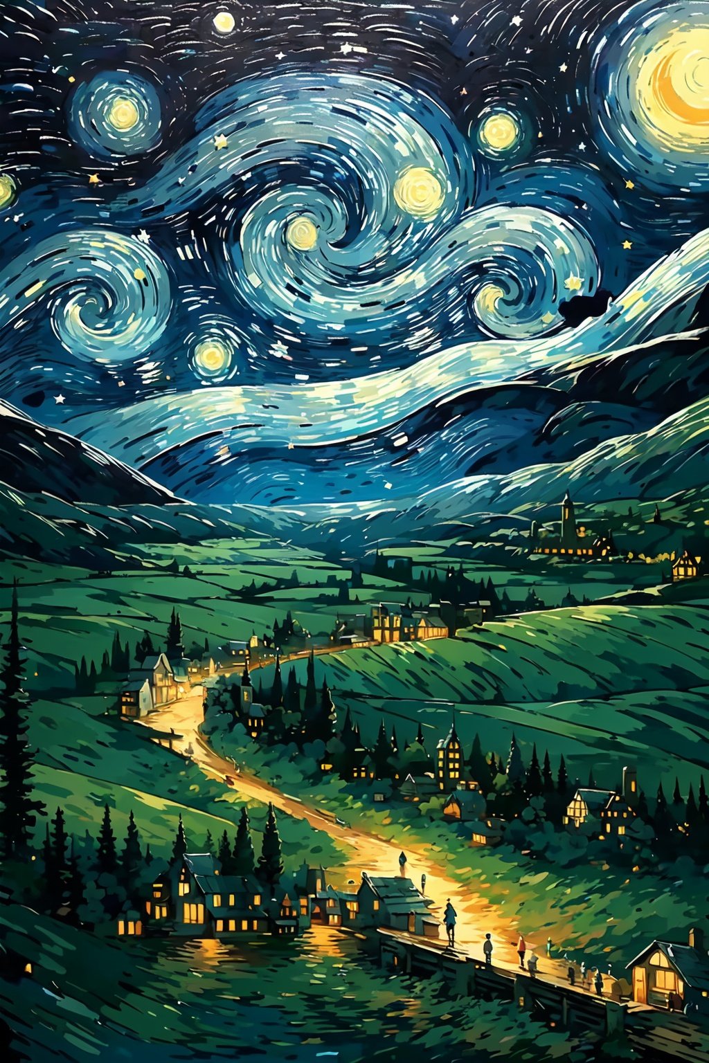 (best quality,masterpiece,fine detailed,),<lora:fangao:0.9>,sky,Beautiful starry sky,bright moon,green mountains and rivers in the distance,a lonely person,back to,, (best quality, high quality, masterpiece,),