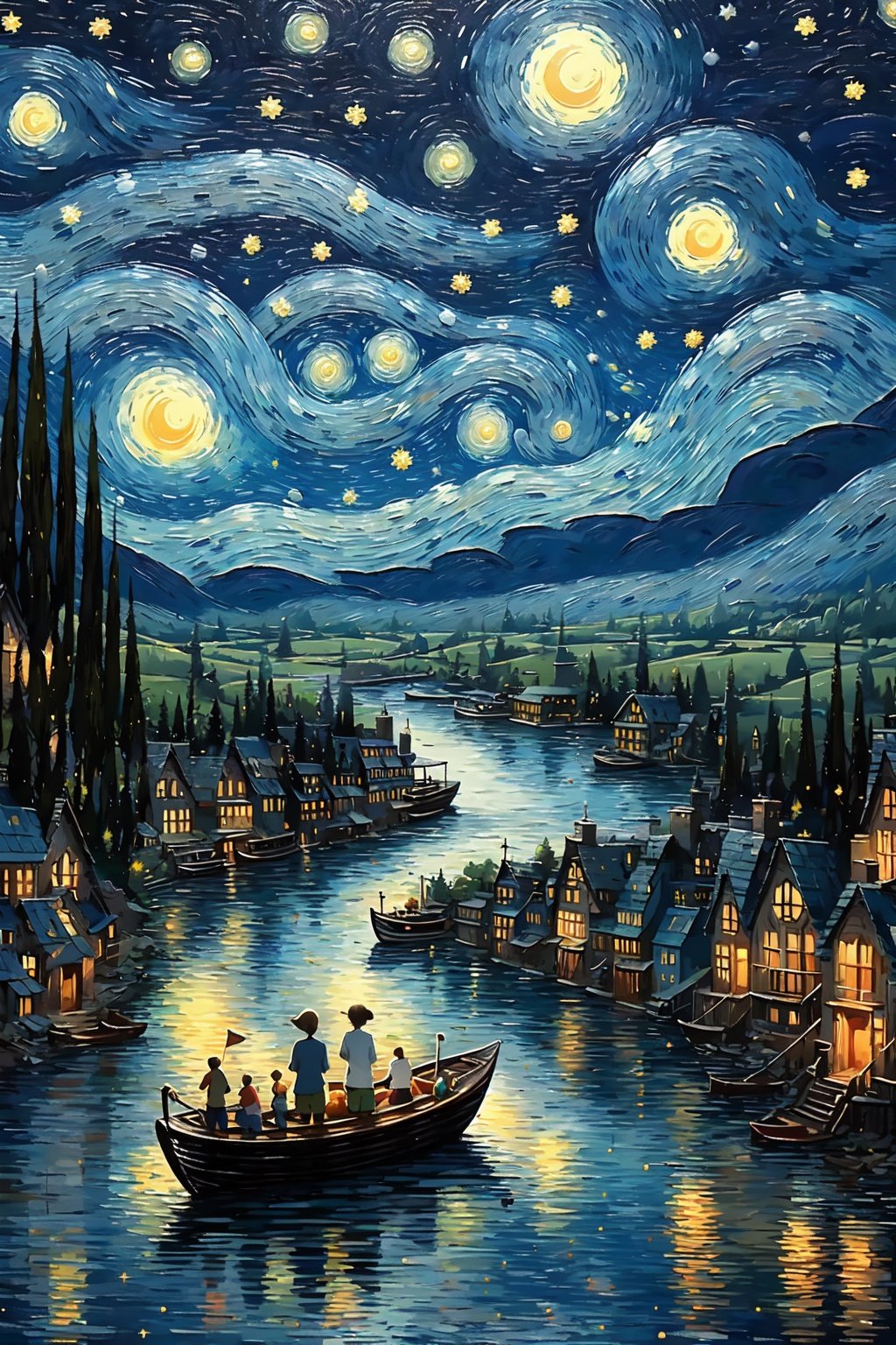 (best quality,masterpiece,fine detailed,),<lora:fangao:0.9>,sky,Beautiful starry sky,bright moon,green mountains and rivers in the distance,a lonely person,back to,(A boat parade in the river, a river,),, (best quality, high quality, masterpiece,),