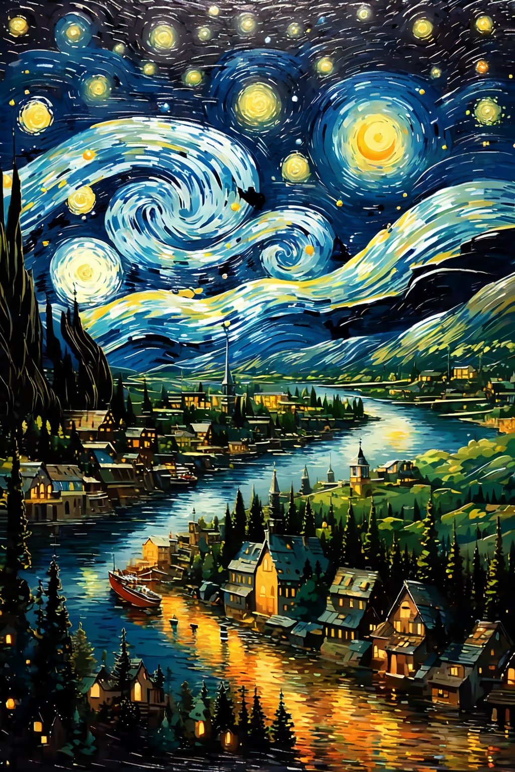 (best quality,masterpiece,fine detailed,),<lora:fangao:0.9>,sky,Beautiful starry sky,bright moon,green mountains and rivers in the distance,, (best quality, high quality, masterpiece,),