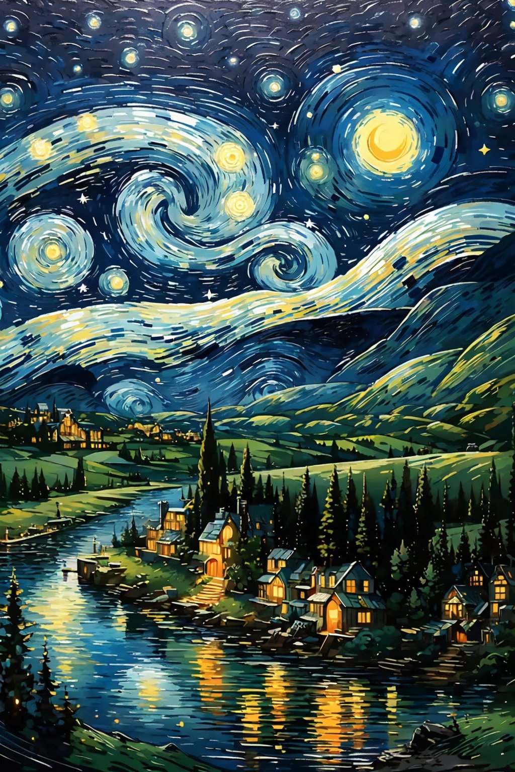 (best quality,masterpiece,fine detailed,),<lora:fangao:0.9>,sky,Beautiful starry sky,bright moon,green mountains and rivers in the distance,, (best quality, high quality, masterpiece,),