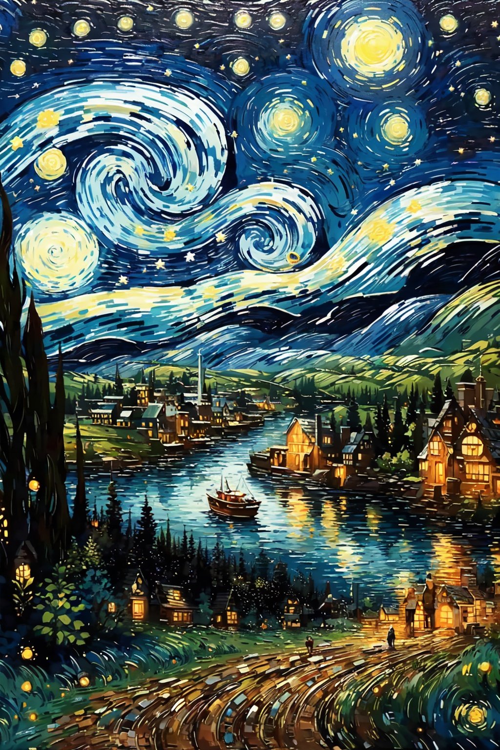 (best quality,masterpiece,fine detailed,),<lora:fangao:0.9>,sky,Beautiful starry sky,bright moon,green mountains and rivers in the distance,, (best quality, high quality, masterpiece,),