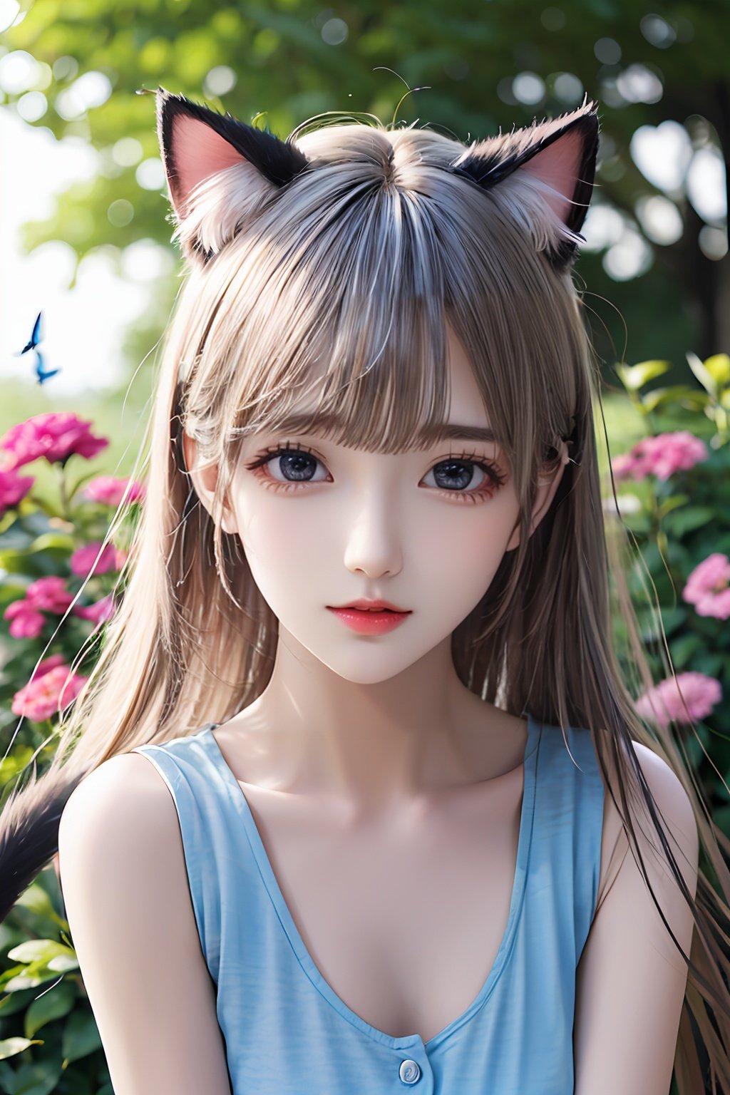 original, (masterpiece), (illustration), (extremely fine and beautiful), perfect detailed, photorealistic, (beautiful and clear background:1.25), (depth of field:0.7), (1 cute girl with (cat ear and cat tail:1.2) stands in the garden:1.1), (cute:1.35), (detailed beautiful eyes:1.3), (beautiful face:1.3), casual, silver hair, silver ear, (blue hair:0.8), (blue ear:0.8), long hair, coat, short skirt, hair blowing with the wind, (blue eye:1.2), flowers, (little girl:0.65), butterflys flying around, 