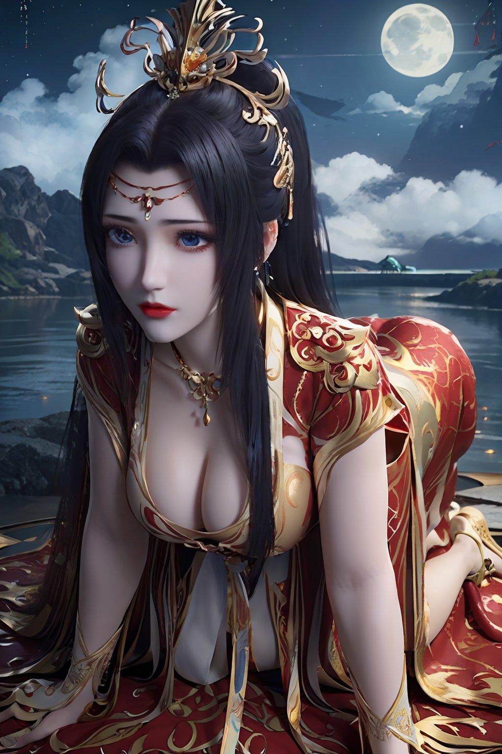 masterpiece, best quality, silk stockings, huge breasts, narrow waist, delicate face, put on makeup, (clouds, starry sky, aurora, moon:1.3), white skin, (sapphire like eyes:1.2), sapphire, (wild, water, forest), gold, diamond, waterfall landscape background, (red tang dynasty clothing, red wedding dress, gold jewelry), high heels, <lora:《斗破苍穹》云韵（婚衣）_v1.0:0.75>, 