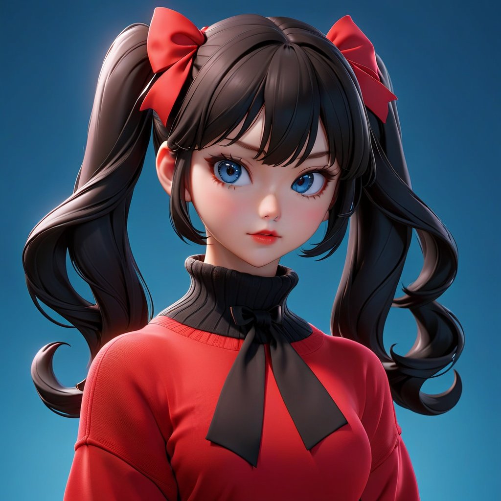 professional 3d model 1girl, tohsaka rin, solo, long hair, sweater, red sweater, looking at viewer, blue background, black hair, simple background, two side up, turtleneck, blue eyes, lips, closed mouth, ribbon, hair ribbon, bangs, turtleneck sweater, upper body, parted bangs, black ribbon, ribbed sweater, twintails, nose, <lora:3D Cartoon:0.8> . octane render, highly detailed, volumetric, dramatic lighting