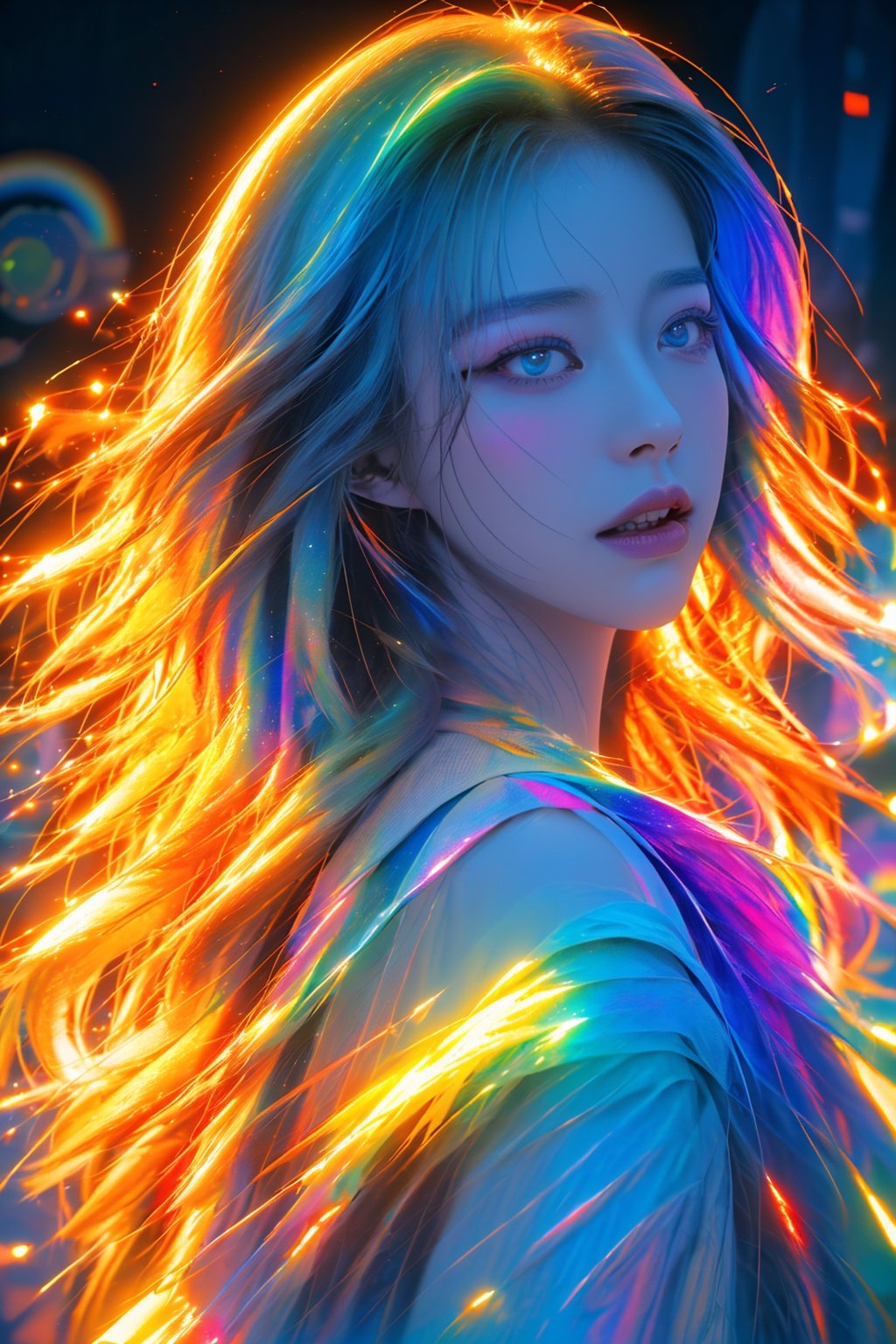 upper body,from side,<lora:neno_yuliuli_v1:0.6>,masterpiece,realistic,1girl,ultra detailed,8k,holographic,expressive,dream like shot,cinematic,dynamic pose,rainbowish,sunset,