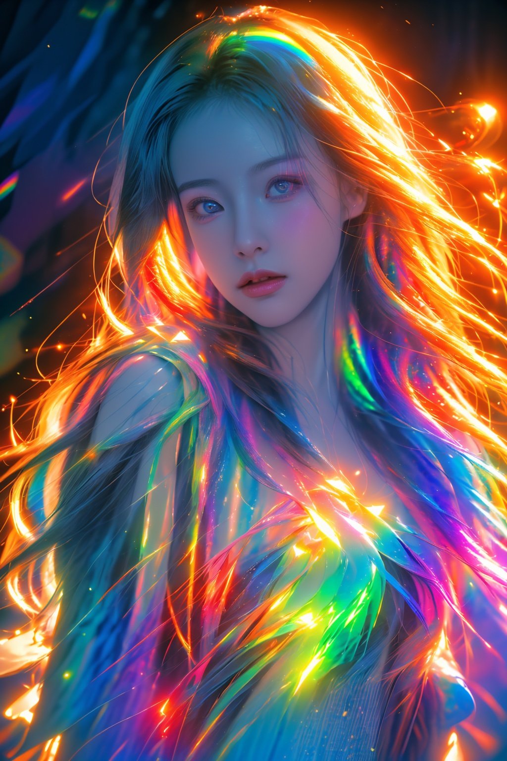 upper body,front view,<lora:neno_yuliuli_v1:0.6>,masterpiece,realistic,1girl,ultra detailed,8k,holographic,expressive,dream like shot,cinematic,dynamic pose,rainbowish,sunset,