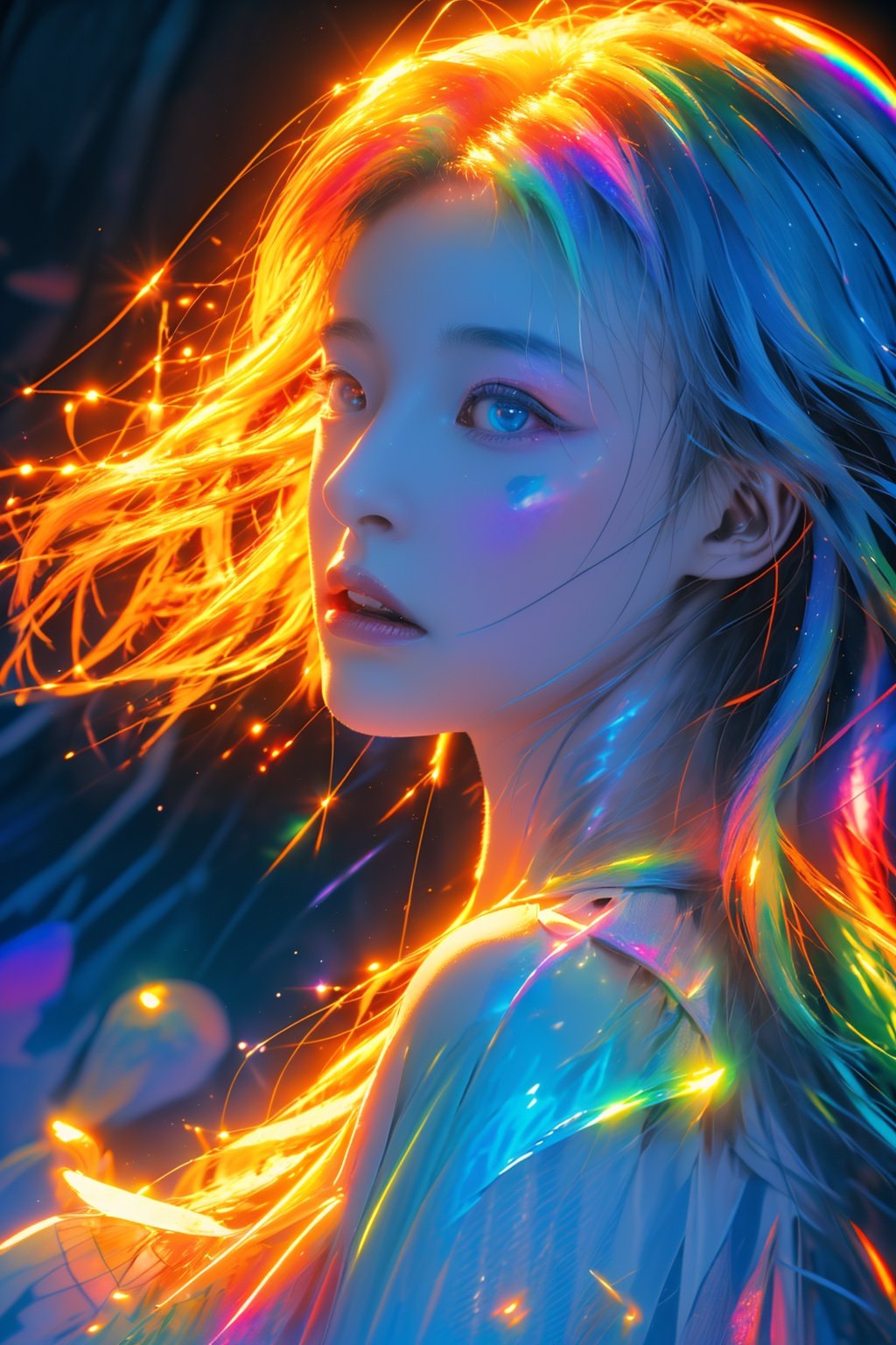 upper body,from side,<lora:neno_yuliuli_v1:0.6>,masterpiece,realistic,1girl,ultra detailed,8k,holographic,expressive,dream like shot,cinematic,dynamic pose,rainbowish,sunset,