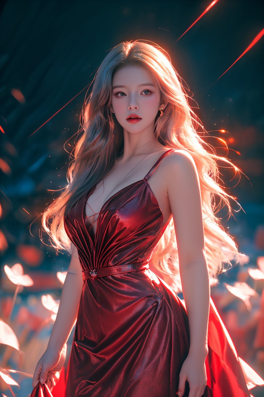 cowboy shot,front view,<lora:neno_yuliuli_v1:0.6>,masterpiece,realistic,1girl,ultra detailed,8k,dream like shot,cinematic,red dress,dynamic pose,