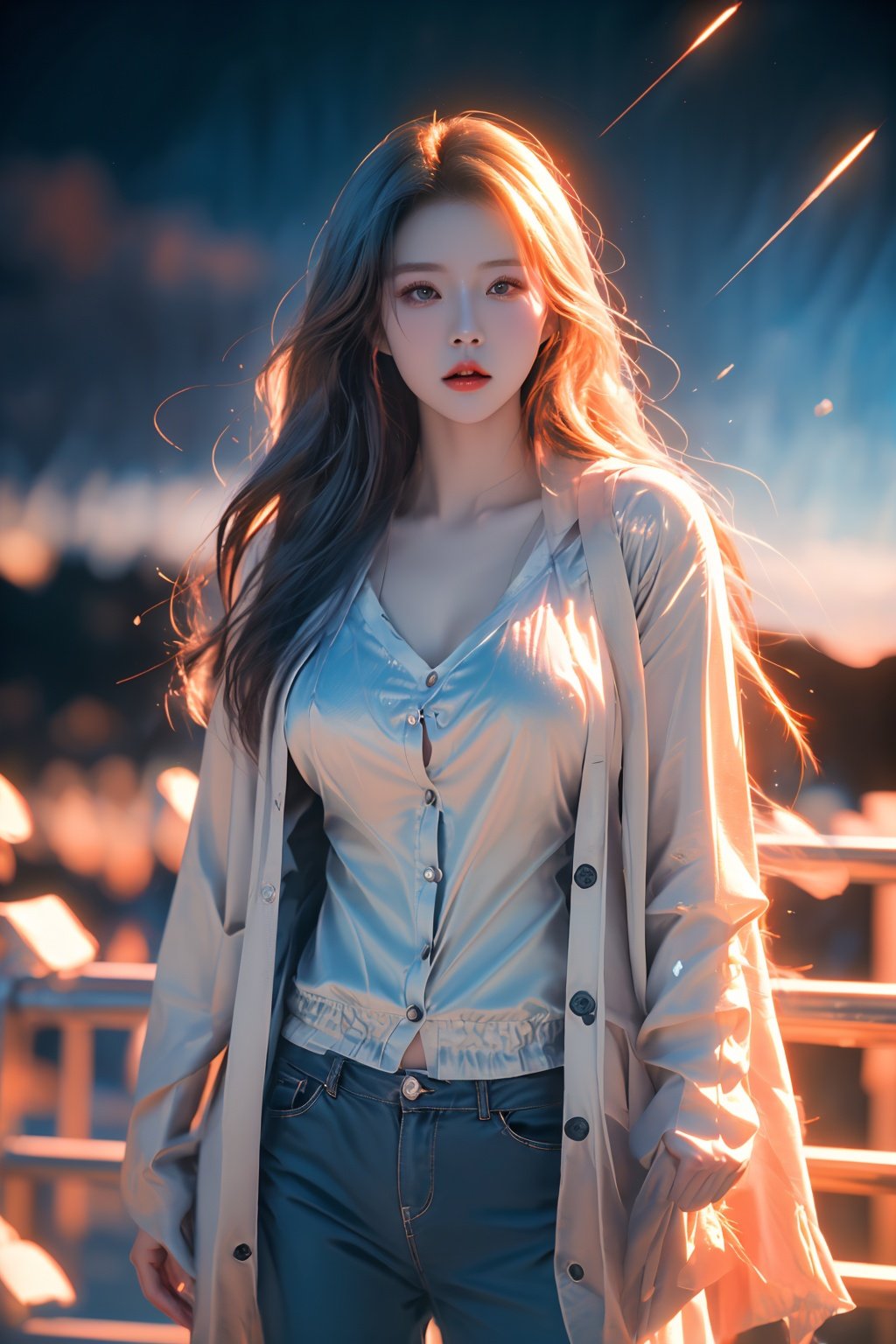 cowboy shot,front view,<lora:neno_yuliuli_v1:0.6>,masterpiece,realistic,1girl,ultra detailed,8k,dream like shot,cinematic,dynamic pose,cardigan