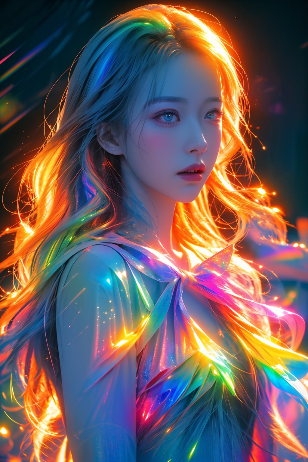 upper body,front view,<lora:neno_yuliuli_v1:0.5>,masterpiece,realistic,1girl,ultra detailed,8k,holographic,expressive,dream like shot,cinematic,dynamic pose,rainbowish,sunset,