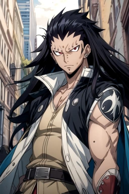 masterpiece, best quality, illustration, 1boy, solo, male focus, looking at viewer, upper body, depth of field, anime coloring, , <lora:gajeel_redfox:0.74>, gajeel_redfox, black hair, red eyes, long hair, piercing, superhero costume, The City of Mirrors,