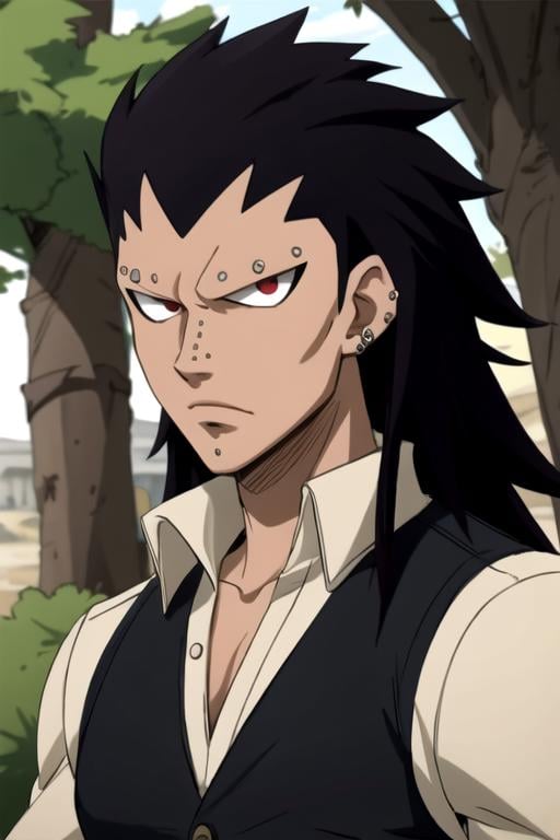 masterpiece, best quality, sketch, 1boy, solo, male focus, looking at viewer, , depth of field, ligne claire, realistic, <lora:gajeel_redfox:0.76>, gajeel_redfox, black hair, red eyes, long hair, piercing, vest, , islamic golden age,