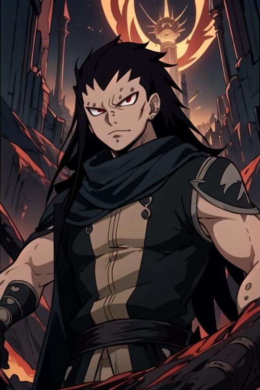 masterpiece, best quality, wallpaper, 1boy, solo, male focus, looking at viewer, upper body, depth of field, ligne claire, , <lora:gajeel_redfox:0.74>, gajeel_redfox, black hair, red eyes, long hair, , Mordor: A dark and evil land ruled by the dark lord Sauron, 8k resolution