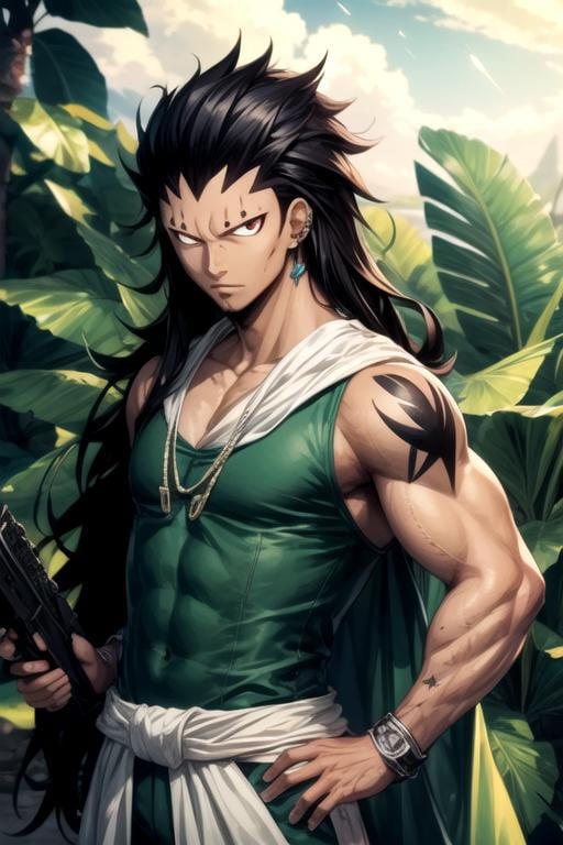 masterpiece, best quality, wallpaper, 1boy, solo, male focus, looking at viewer, , depth of field, , , <lora:gajeel_redfox:0.68>, gajeel_redfox, black hair, red eyes, long hair, piercing, luau costume, science fiction military science fiction, 32k resolution