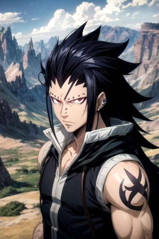 masterpiece, best quality, , 1boy, solo, male focus, looking at viewer, upper body, depth of field, anime coloring, realistic, <lora:gajeel_redfox:0.66>, gajeel_redfox, black hair, red eyes, long hair, piercing, , The Valley of the Damned, 12k resolution