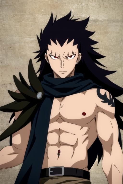 masterpiece, best quality, wallpaper, 1boy, solo, male focus, looking at viewer, , , , , <lora:gajeel_redfox:0.72>, gajeel_redfox, black hair, red eyes, long hair, piercing