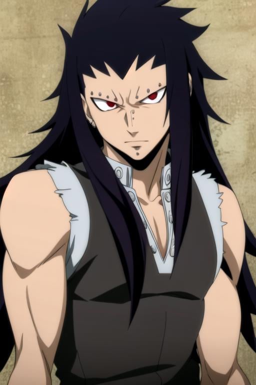 masterpiece, best quality, wallpaper, 1boy, solo, male focus, looking at viewer, upper body, , , realistic, <lora:gajeel_redfox:0.72>, gajeel_redfox, black hair, red eyes, long hair