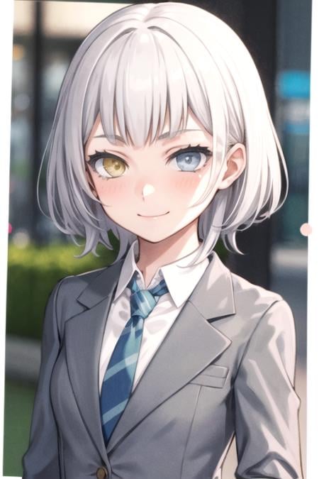 <lora:KanameRana-04:0.7> ,ranamygo, 1girl, solo, looking at viewer, blush, short hair, shirt, white hair, long sleeves, closed mouth, school uniform, jacket, white shirt, upper body, grey hair, necktie, striped, collared shirt, background, blazer, grey jacket, striped necktie, green necktie, diagonal-striped necktie, smile, light smile, yellow eyes, blue eyes, heterochromia,