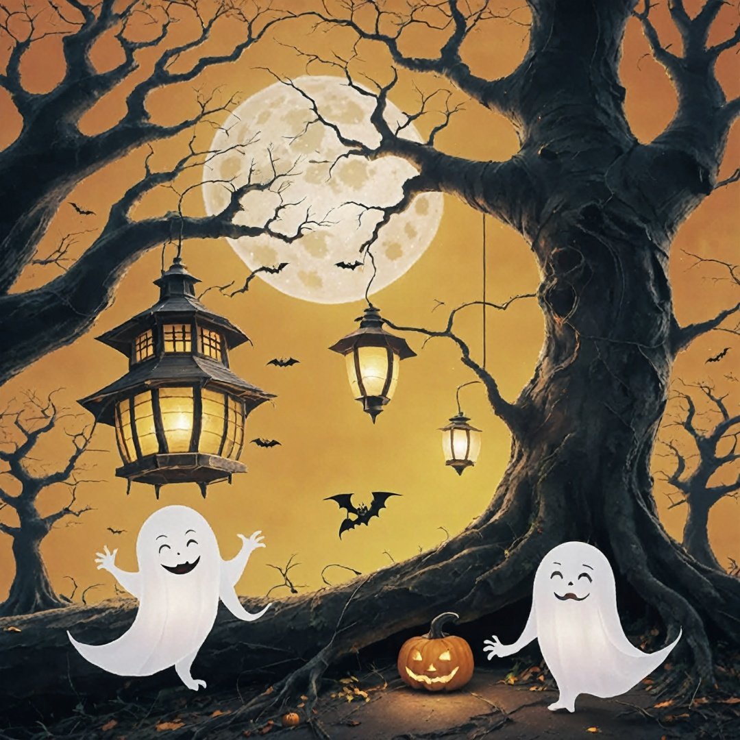 halloween style, no humans, tree, lantern, ghost,