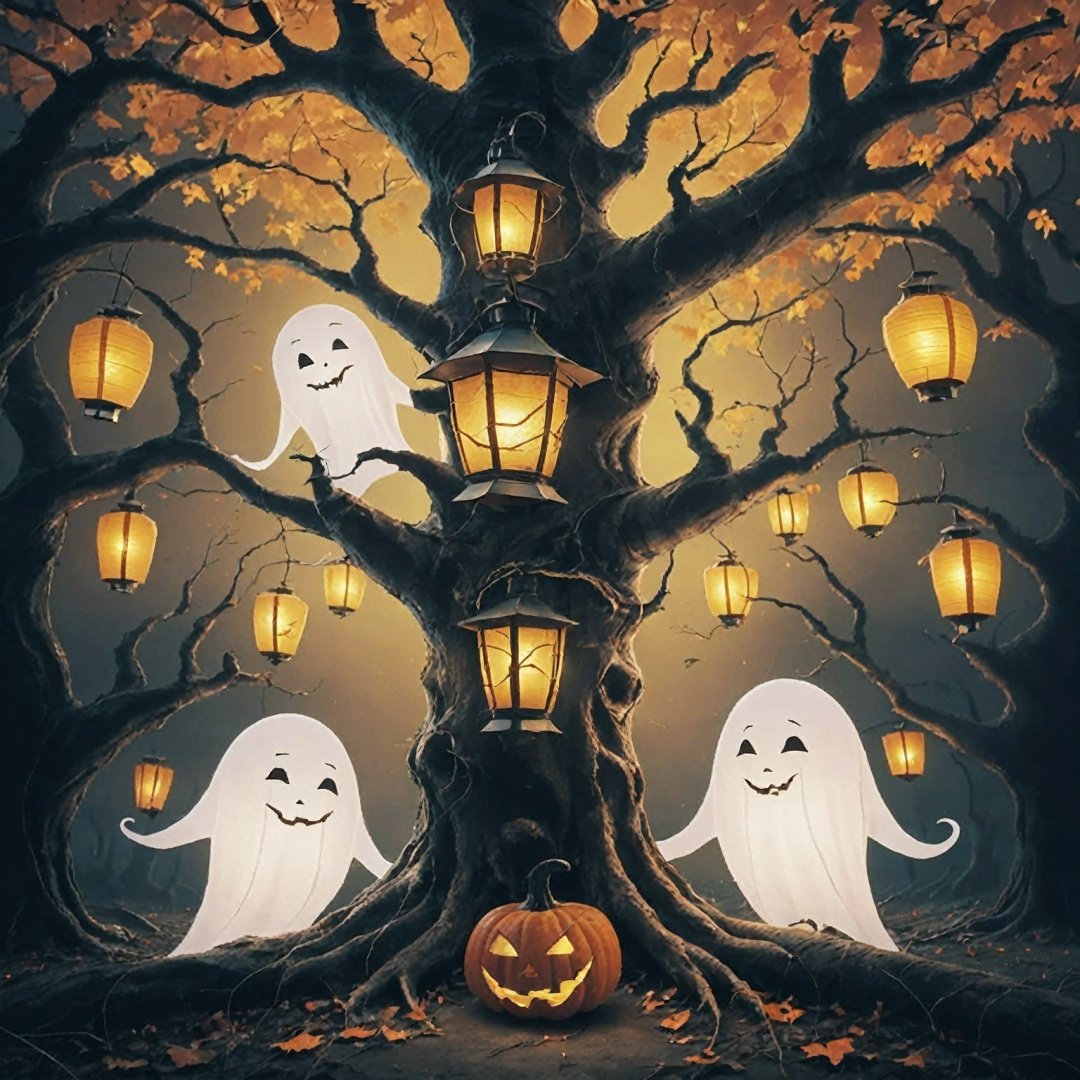 halloween style, no humans, tree, lantern, ghost,