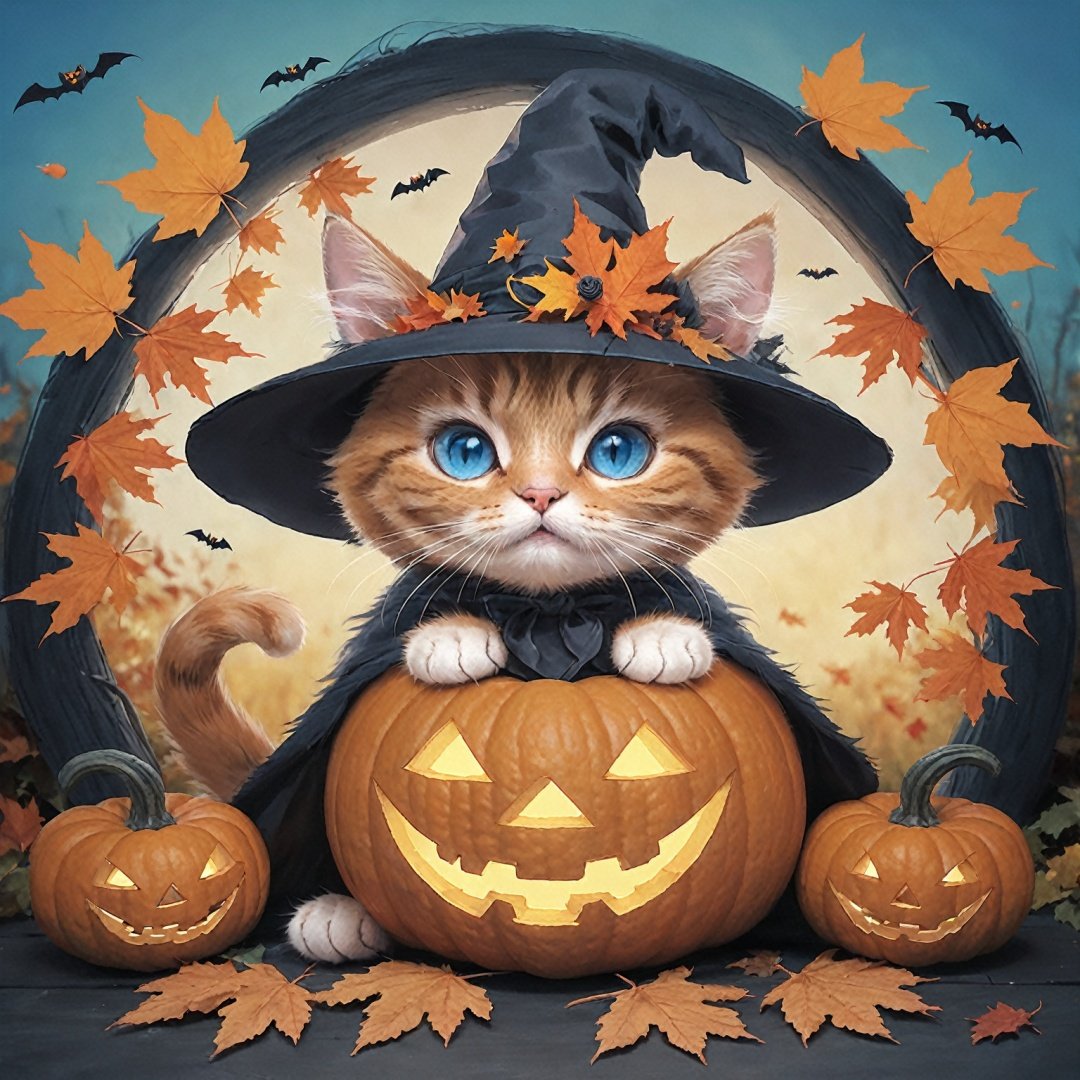 halloween style, hat, no humans, cat, jack-o'-lantern, pumpkin, leaf, witch hat, autumn leaves, blue eyes, solo, capelet, looking at viewer, sitting