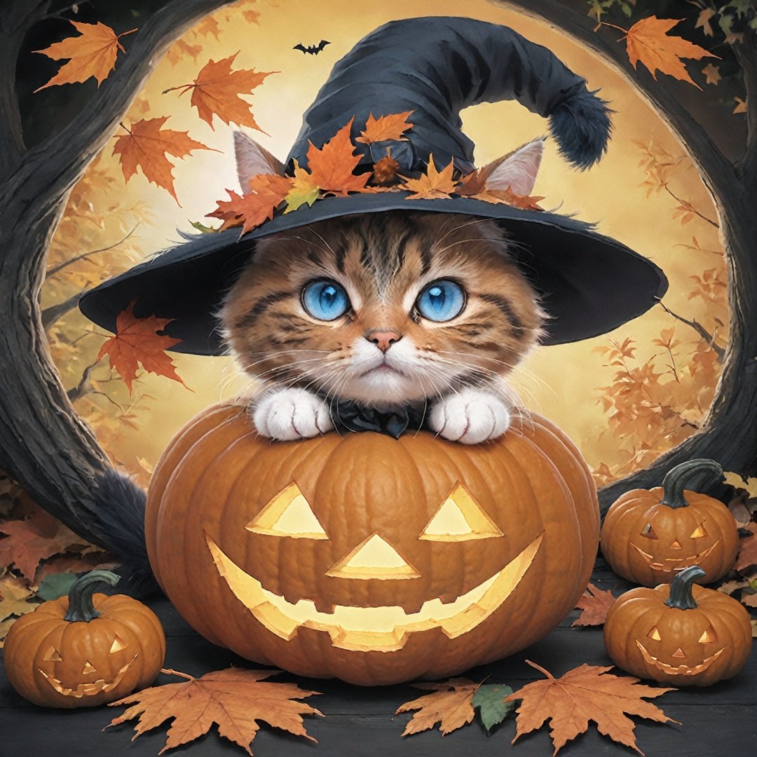 halloween style, hat, no humans, cat, jack-o'-lantern, pumpkin, leaf, witch hat, autumn leaves, blue eyes, solo, capelet, looking at viewer, sitting