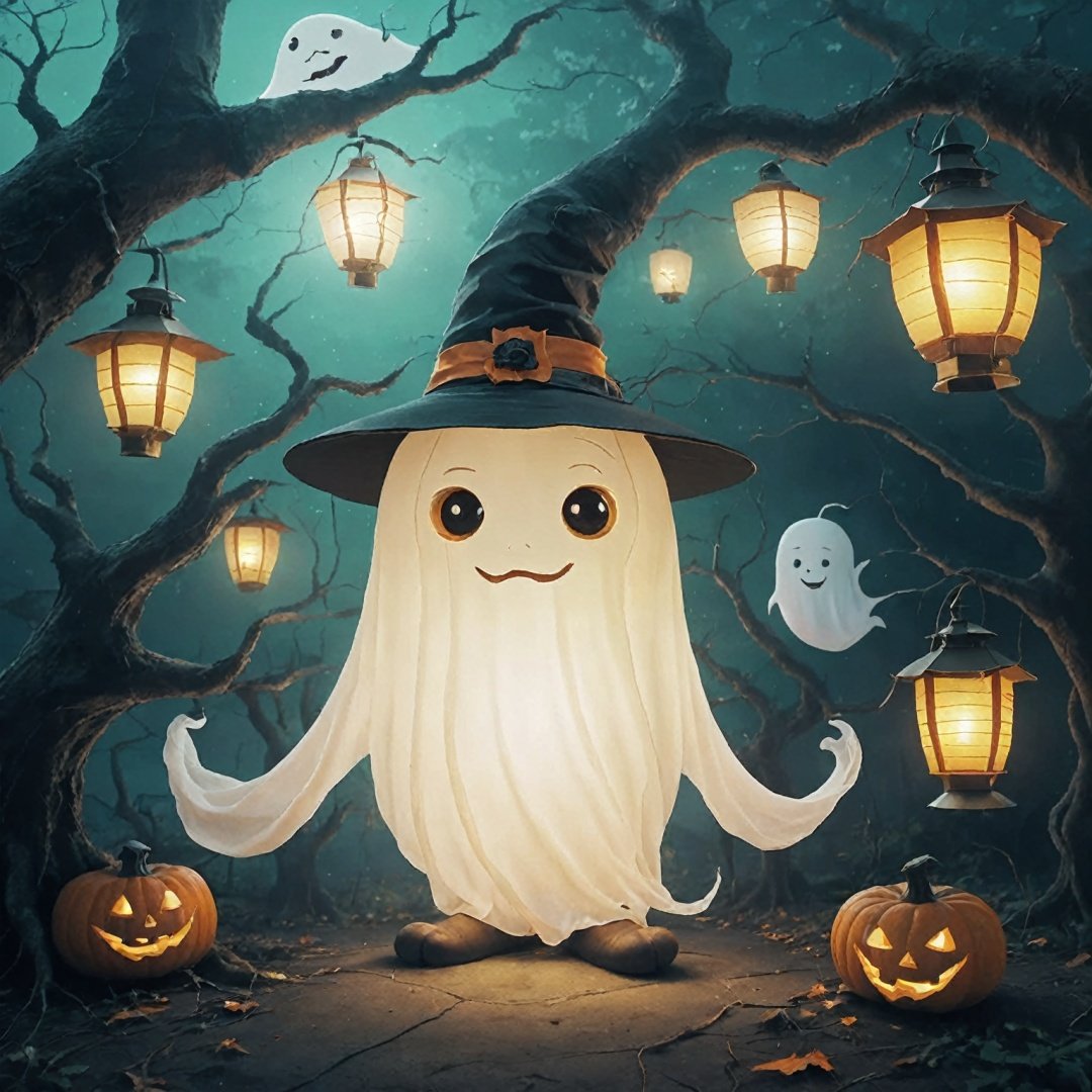 halloween style, no humans, tree, lantern, ghost,