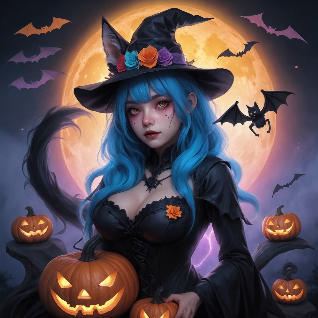  1 girl, Asian teenager, Halloween costume, masterpiece, best quality, ultra high res, highly detailed, psychedelic art (1.4), woman-demon (1.3), floating in dark mist (1.1), furry girl, anime furry women, (best quality), (masterpiece), (realistic), detailed, portrait, close up, young female, RAW photo, UHD, DSLR, rainbow hair, high quality, realistic, photo-realistic, dreamlike art, lens flare, upper body, looking at viewer, animal focus, furry, wolf fursuit, cute, kawaii, lovely, fur, fur head, wolf head, narrow waist, wolf ears, black choker, blush, paw, paw shoes, rainbow clothes, stunning gradient colors, no watermark signature, detailed background, woods, small lake with island, insanely detailed, visually stunning, wicked, hypnotic, alluring, cowboy shot, intricate, perfect shading, veil, beautiful, award-winning illustration, cosmic space background, ethereal atmosphere, ultra quality, beautiful girl, cosmic concept, rainbow strings, rainbow skin, rainbow bloody veins growing and intertwining out of the darkness, nailed wire, oozing thick blue blood, sharp neon, veins growing and pumping blood, vascular networks growing, green veins everywhere, yin and yang, glowing space, glowing stars, infinity symbol, dynamic pose, flying pose, glowing body, rainbow aura (1.1), beautiful angel, clockwork, lightning, majestic, breathtaking, guangying on face, jack-o'-lantern, witch hat, spider web, bats, haunted mansion, graveyard, full moon, eerie night sky, trick-or-treat bag, candy corn, spooky decorations, ghostly apparitions, pumpkin patch, creepy crawlies, scarecrow, witches' brew, cauldron, black cat, gothic elements, supernatural powers, magical spells, spellbinding enchantment