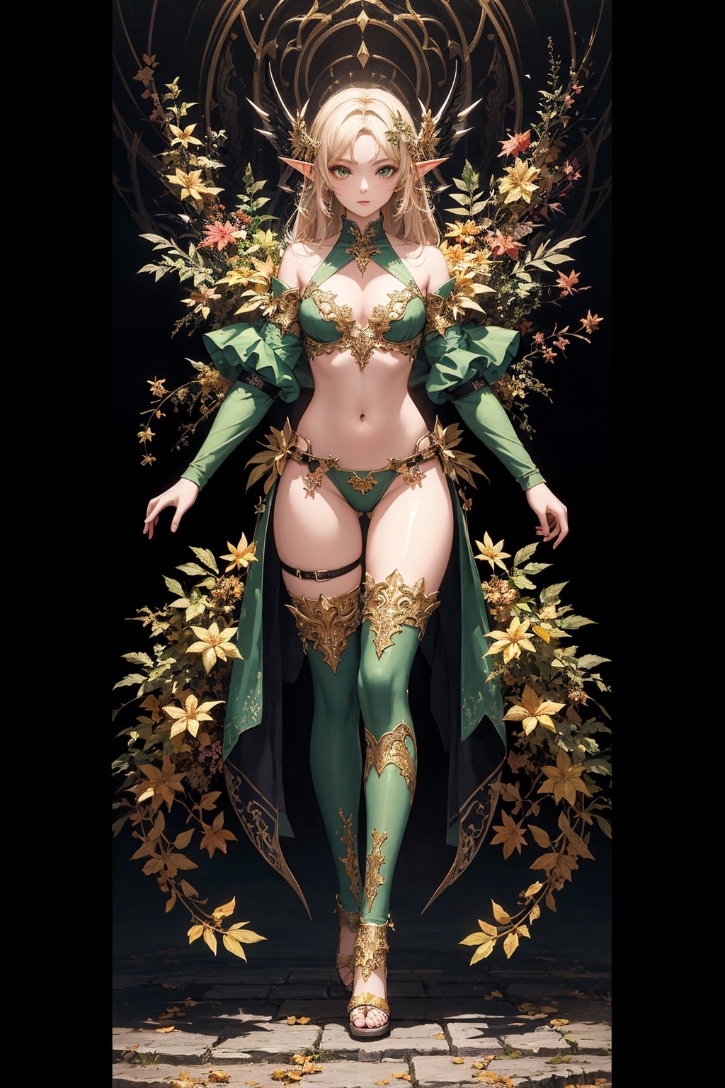  (masterpiece,top quality,best quality,official art,beautiful and aesthetic:1.2),(1elf),(full body:1.3),extreme detailed,(fractal art:1.3),colorful,break,highest detailed,Green,break,Brown,break,Yellow,break,Chest,Abdomen,Leaves swaying in the breeze,(whole body:1.5), WaHaa