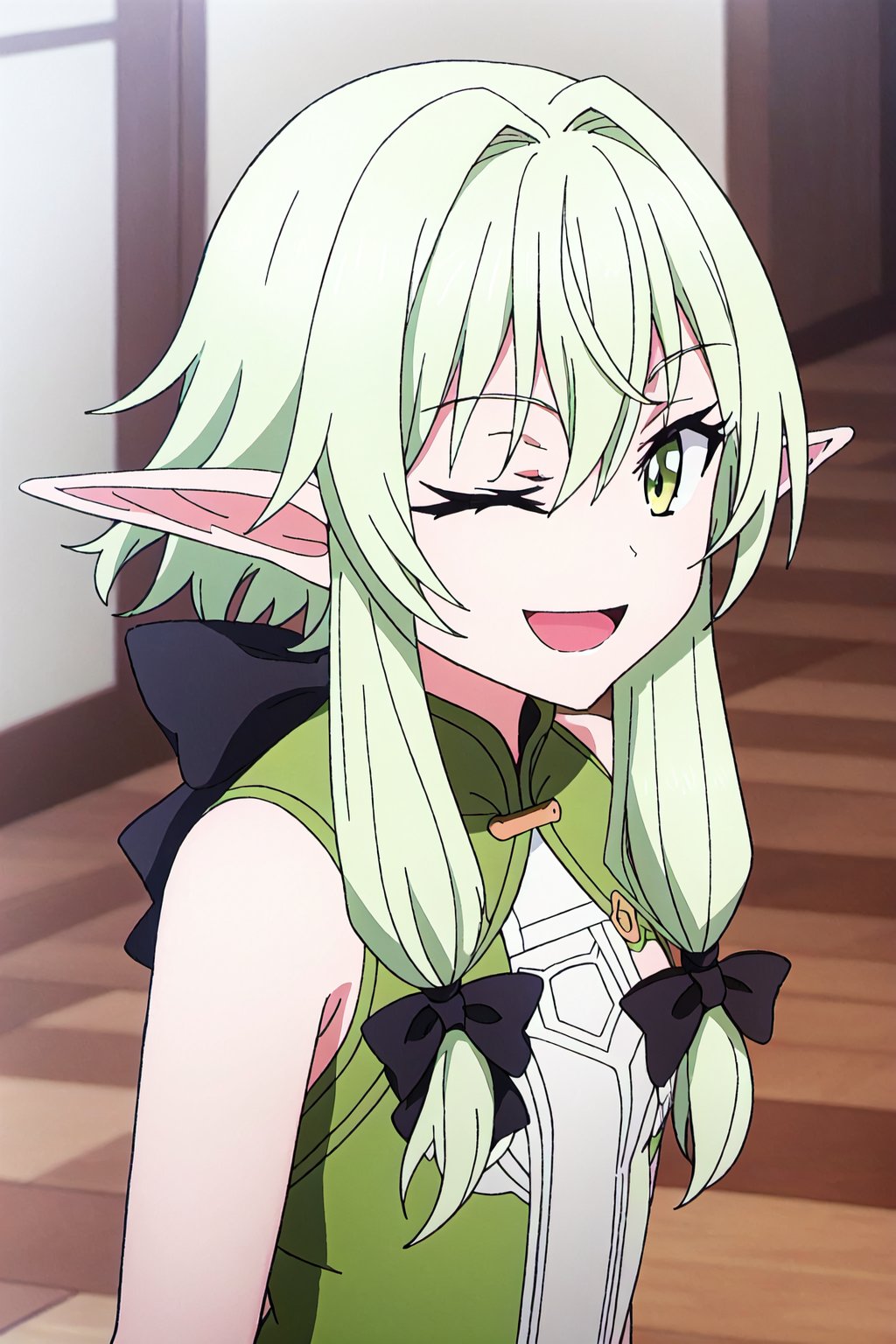 yousei,1girl, one eye closed, elf, solo, open mouth, pointy ears, green eyes, green hair, smile, ;d, long hair, bow, hair bow, looking at viewer, anime coloring, hair between eyes, black bow, sidelocks, upper body, bare shoulders, bangs, sleeveless




high quality,best quality,ultra detailed,masterpiece,

