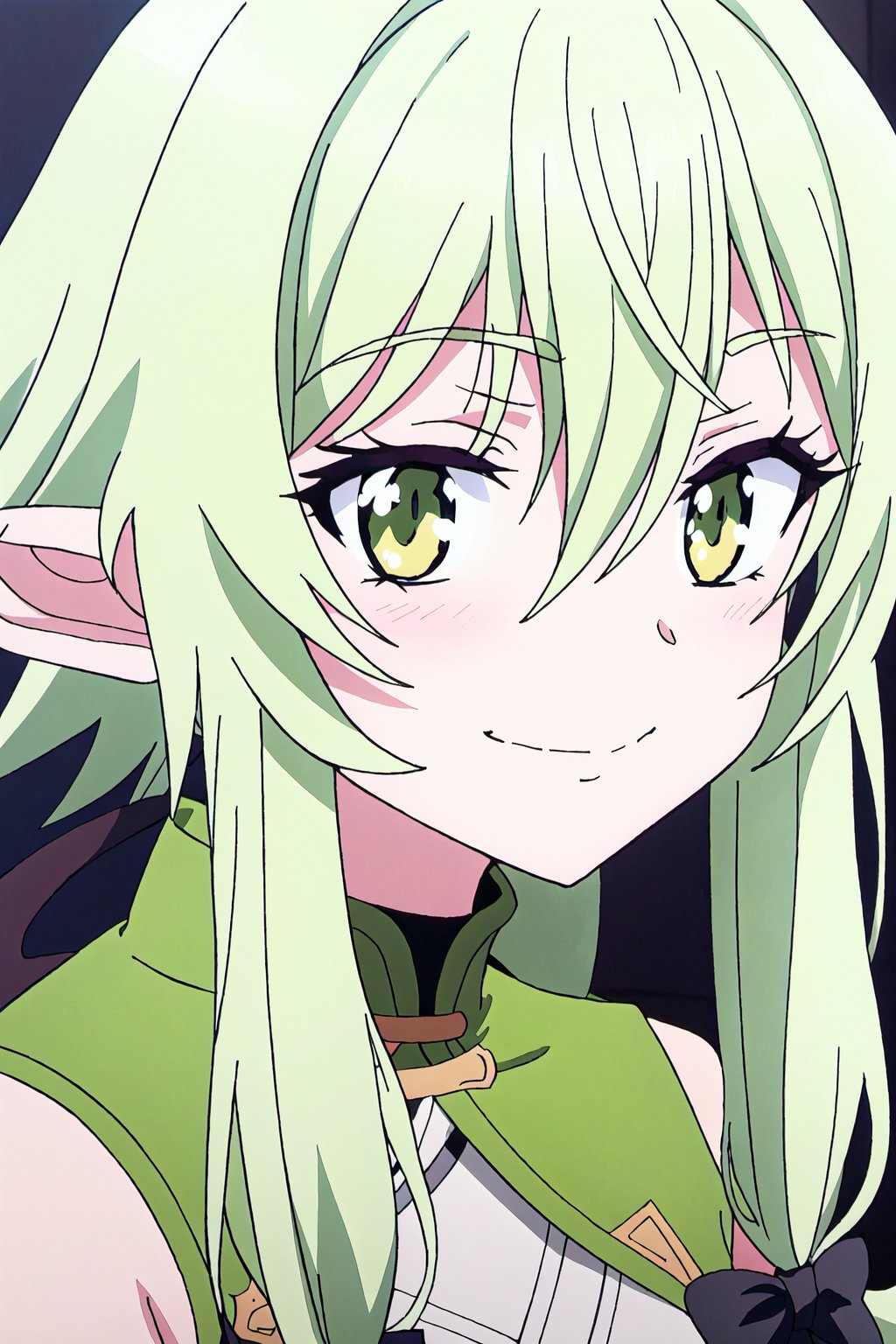 yousei,1girl, elf, pointy ears, smile, solo, green eyes, green hair, bow, sidelocks, looking at viewer, anime coloring, hair bow, portrait, black bow, closed mouth, blush, bangs, hair between eyes, bare shoulders, long hair

high quality,best quality,ultra detailed,masterpiece,

