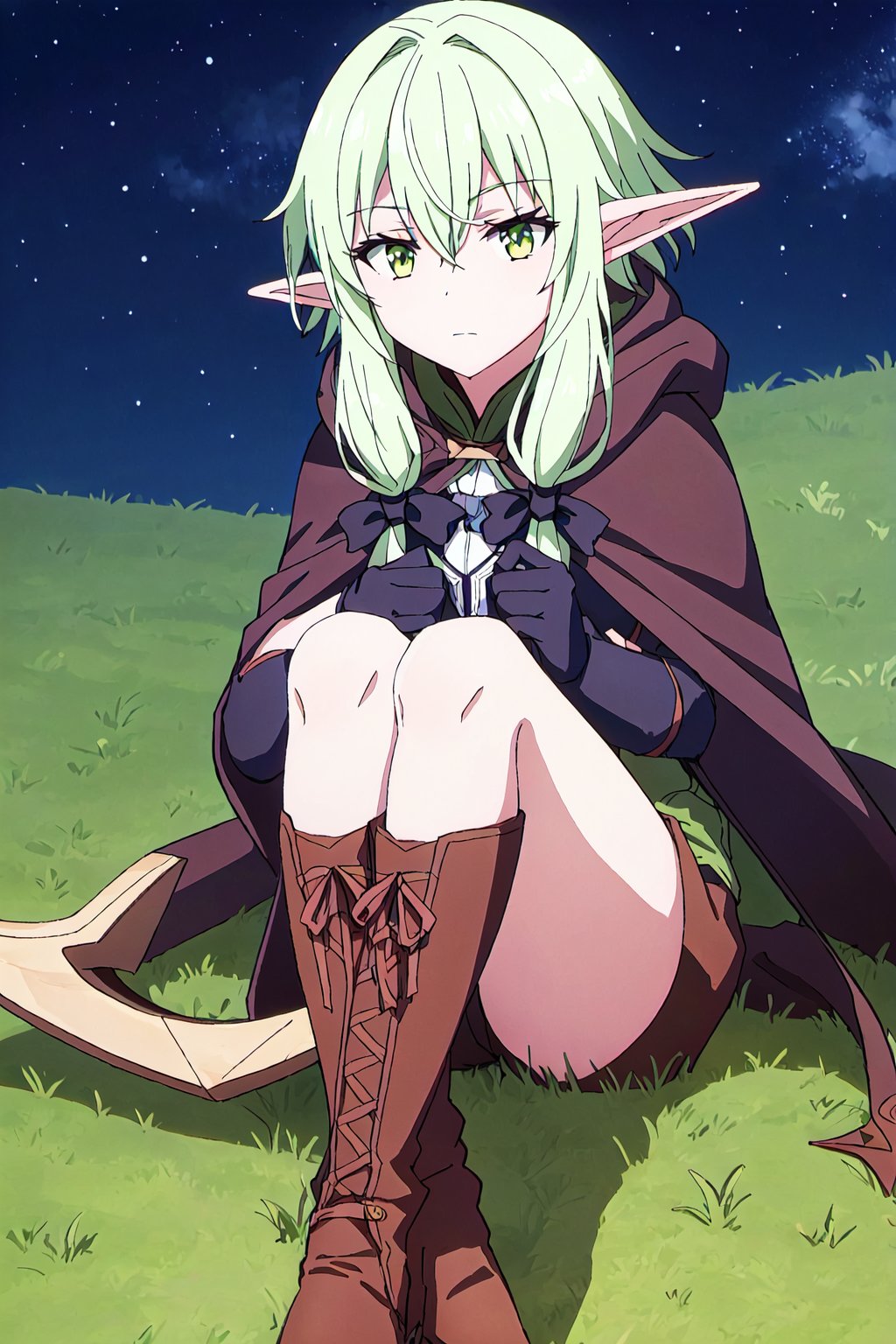 yousei,1girl, elf, pointy ears, solo, weapon, green eyes, gloves, sidelocks, sitting, bow \(weapon\), bow, cloak, hair bow, thighhighs, hair between eyes, boots, looking at viewer, long hair, bangs, hood, black bow, star \(sky\), green hair, closed mouth, thigh boots, outdoors, hooded cloak, black gloves, sky, night


high quality,best quality,ultra detailed,masterpiece,

