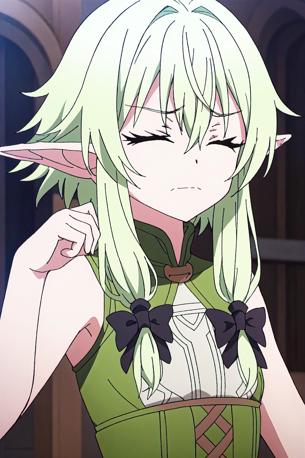 yousei,1girl, elf, solo, pointy ears, closed eyes, green hair, anime coloring, long hair, sidelocks, closed mouth, black bow, upper body, bangs, bow, hair bow, bare shoulders, frown, sleeveless, hair between eyes, hand up


high quality,best quality,ultra detailed,masterpiece,

