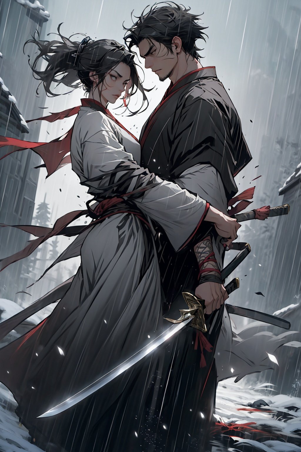  medium close shot, ancient Chinese Wuxia,
handsome young man and fair lady fusion, detailed character portrayal, fine face, ancient style,Two people were fighting with swords. A handsome man dressed in black, dressed as a swordsman, and a beautiful woman in red stretched out her sword, dressed in a white dress, full of threat and anger. The background was heavy snow and Chinesearchitecture,The character portrayal is meticulous,the face is exquisite, strong contrast, lifelike,extremely meticulous, cinematic