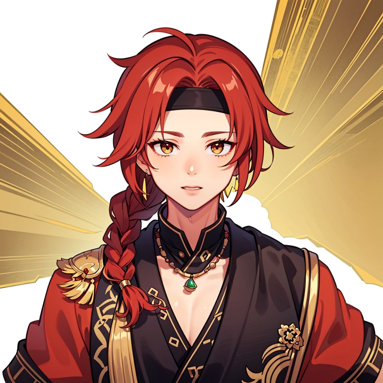 (masterpiece:1.3), (the best quality:1.2), (super fine illustrations:1.2), (Masterpiece), high quality, high detail, (white background:1.2), looking at viewer, (SOLO:1.4), outline, simple background,braid, jewelry, 1boy, red hair, long hair, necklace, armor, messy hair, chinese clothes, circlet, hair ornament, bangs, boots, weapon, headband, earrings, pants, red shirt,