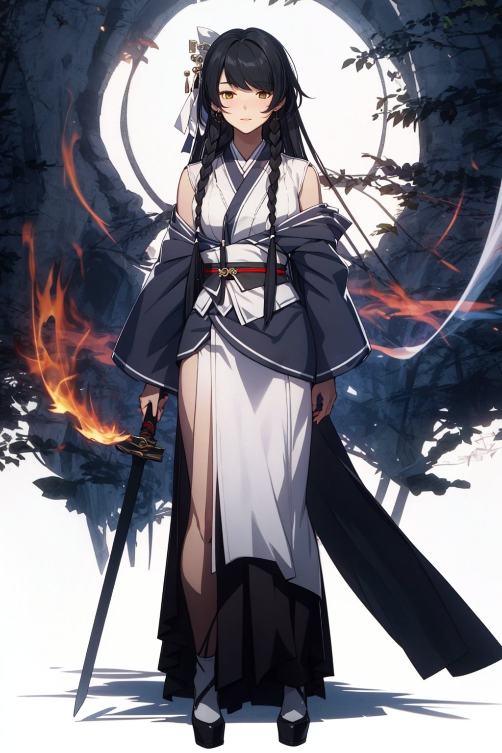 (masterpiece:1.3), (the best quality:1.2), (super fine illustrations:1.2), (Masterpiece), high quality, high detail, (white background:1.2), looking at viewer, (SOLO:1.4), outline, simplebackground, , braid, detached sleeves, white ribbon, skirt around one leg, hair ornament, long sleeves, single braid, braided ponytail, hair over shoulder, necktie, hair bow, off shoulder, bare shoulders, sleeveless, sword, very long hair, kimono, sash, bangs, chinese clothes, japanese clothes, long hair, black hair, 